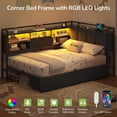 thumbnail image 3 of Corner Twin Bed Frame with Charging Station, Led Lights and 3 Drawers, Twin Size Platform Bed Frames with Upholstered Hidden Storage Headboard, Corner Daybeds for Teens, Black, 3 of 7