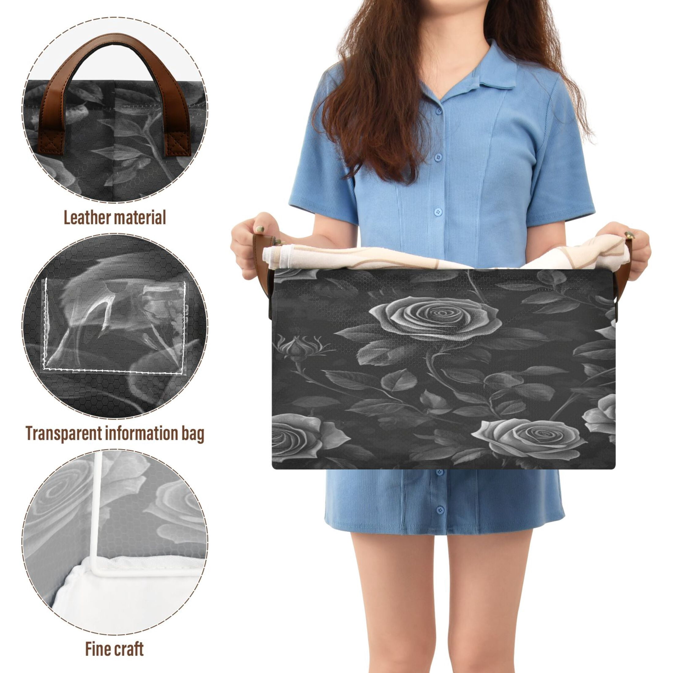 Black Rose Storage Basket Soccer Plaid Fabric Hoard Box Oversized Collapsible Closet Organizer with Metal Iron Frame 16.9×11.4×10in