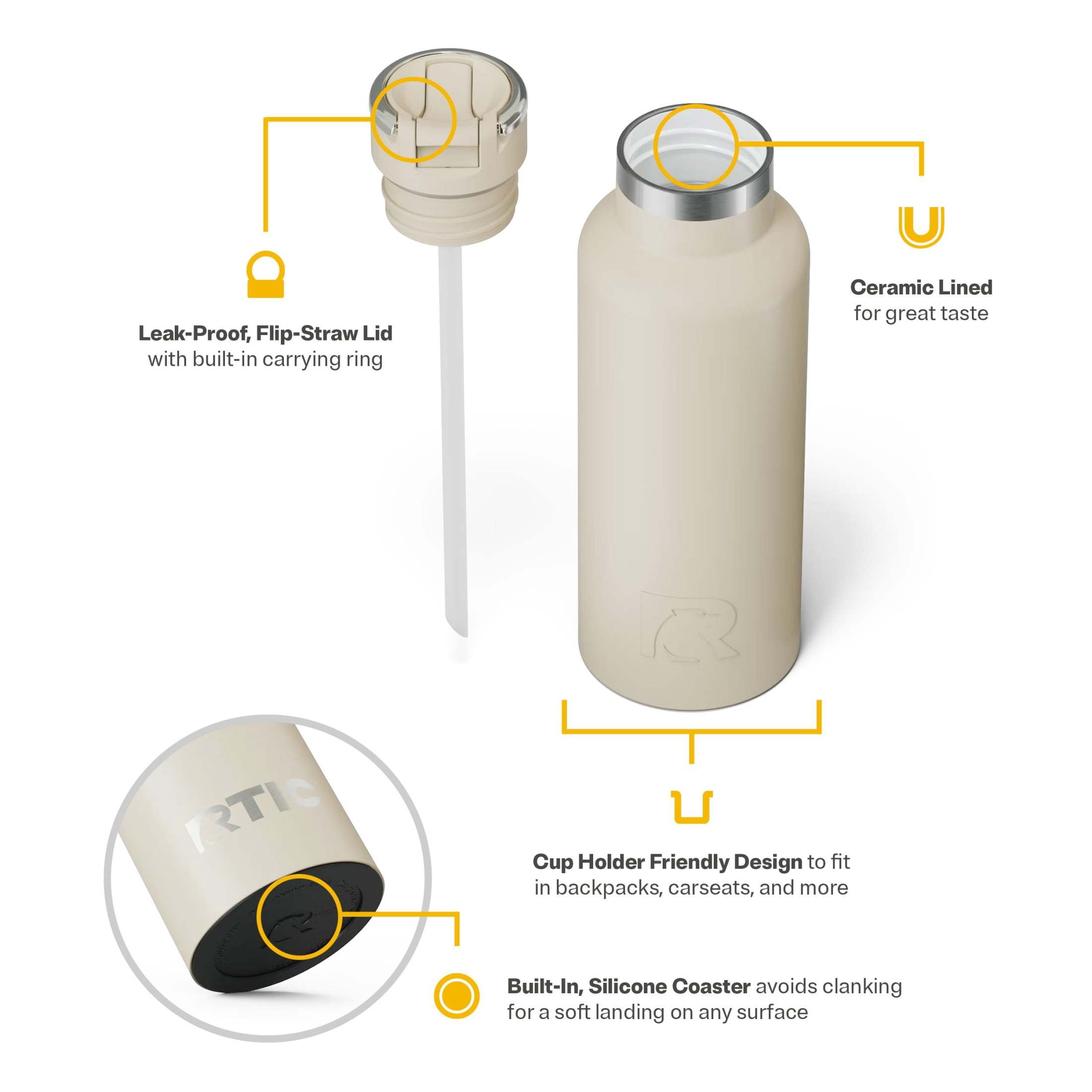 RTIC 16 oz Ceramic Lined Insulated Journey Water Bottle, Leak-Proof Lid, Beach