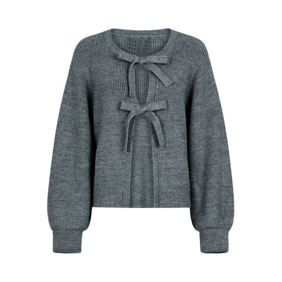 Gupgi Women Knit Cardigan Solid Color Tie Front Long Sleeve Sweater Ribbed Coat