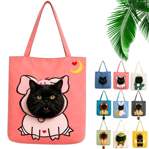 Cute Dew Head Shape Cat Bag, Portable Canvas Pet Carrier with Snap Top, Inner Tether Clip, Foldable Pet Shoulder Tote for Cats and Tiny Dogs