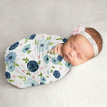 UPC: 0846480085126 | Watercolor Floral Navy Blue And Pink Baby Swaddle Receiving Blanket by Sweet Jojo Designs