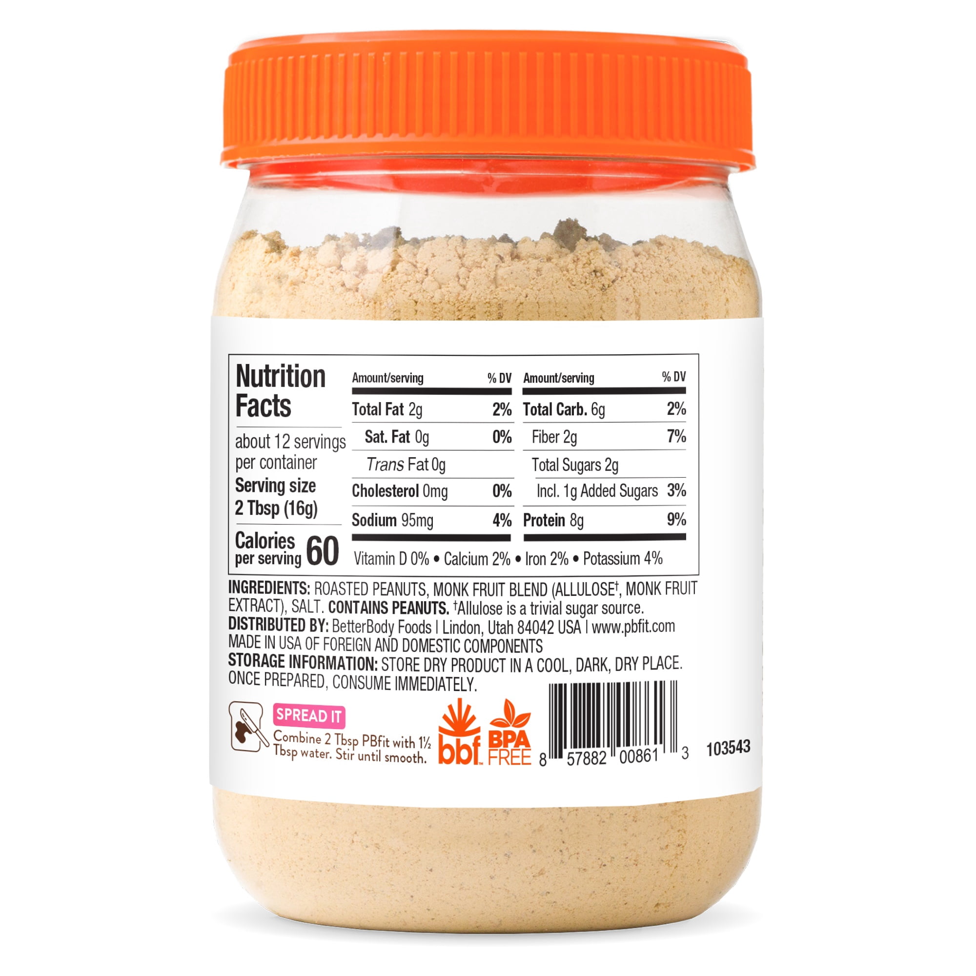 PBfit Reduced Sugar Peanut Butter Powder, 8g Protein 9% DV, 7 oz
