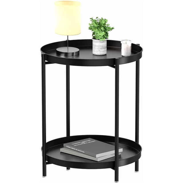 Mesa Auxiliar Redonda de Metal de 2 Niveles con Bandeja extraíble, Mesa pequeña Plegable Mesa para bocadillos antióxido para sofá, Mesa de café Impermeable para Sala de Estar (Negro)
