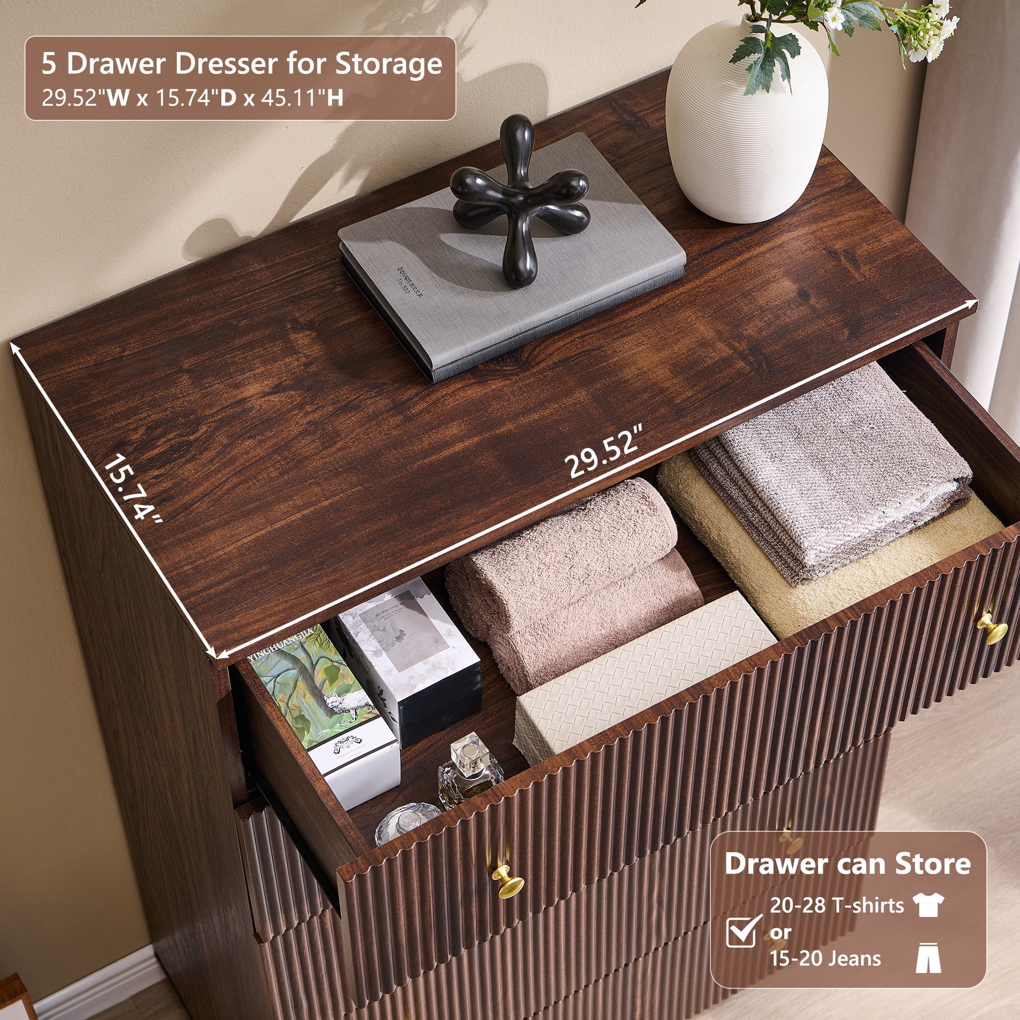 wow97e Fluted 5 Drawers Dresser, Wood Tall Chest of Drawers with Deep Storage, Modern Bedroom Chest for Closet Hallway, Entryway, Living Room