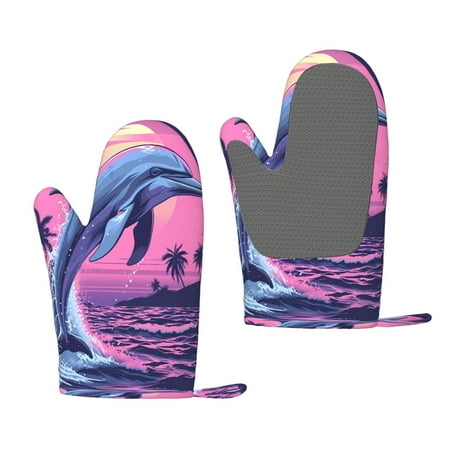 

Hirioo Hawaiian Beach Dolphin for Silicone Oven Mitts for BBQ Baking Cooking Set of 2 Heat Resistant 260℃ Non-Slip Kitchen Essentials