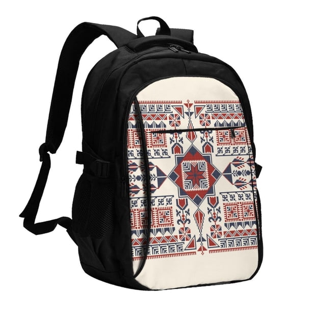 Balery Fashion Tatreez1 Mochila con carga USB para hombre y mujer - Mochila impermeable y antirrobo para laptop con puerto USB para viajes, trabajo