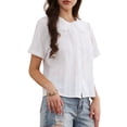 thumbnail image 4 of INSPIRE CHIC Short Sleeve Shirts for Women Ruffle Peter Pan Collar Button Down Cotton Blouse Casual Summer Tops S White, 4 of 6