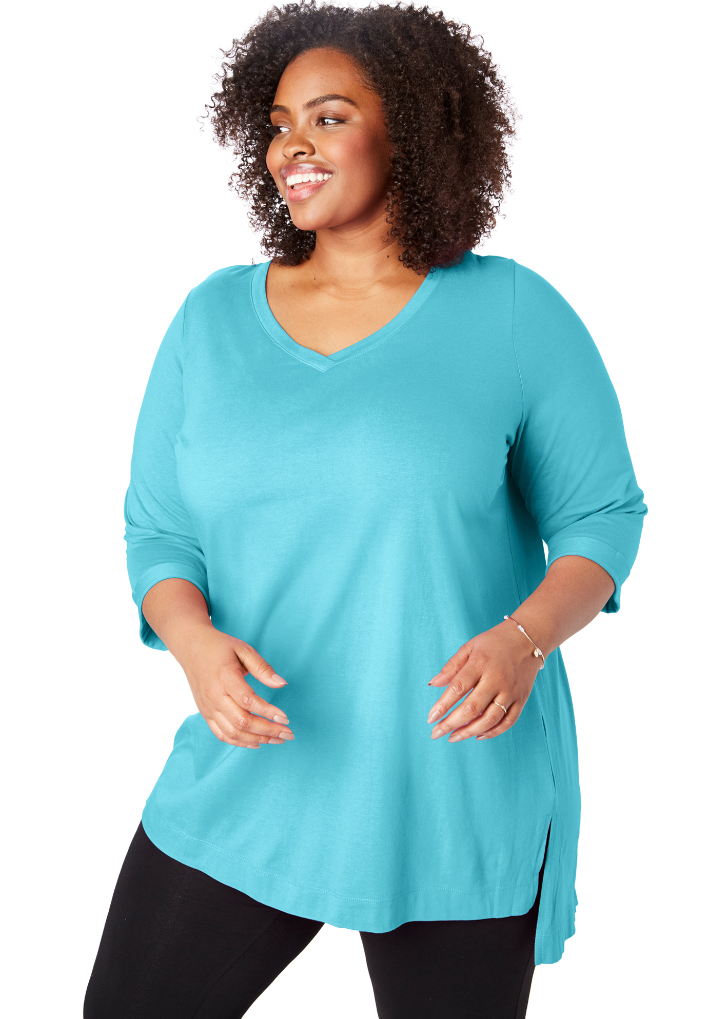 Woman Within Women S Plus Size Longer Length Three Quarter Sleeve V Neck Tunic 34 36 Deep Turquoise Blue Walmart Com