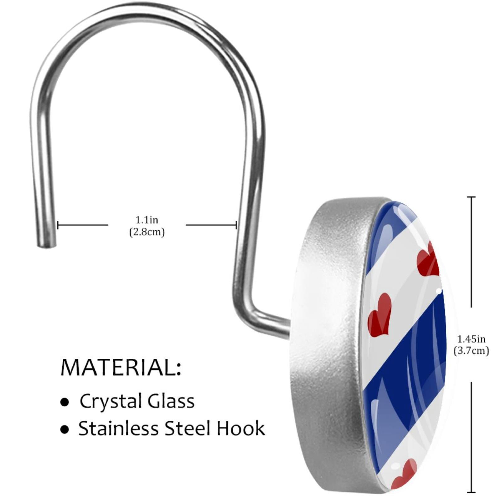 Happy July 4Th Shower Curtain Hooks（Set of 12）for Home Hotel Shower Rods Bathroom Crystal Glass Print Stainless Steel Round Curtain Hooks