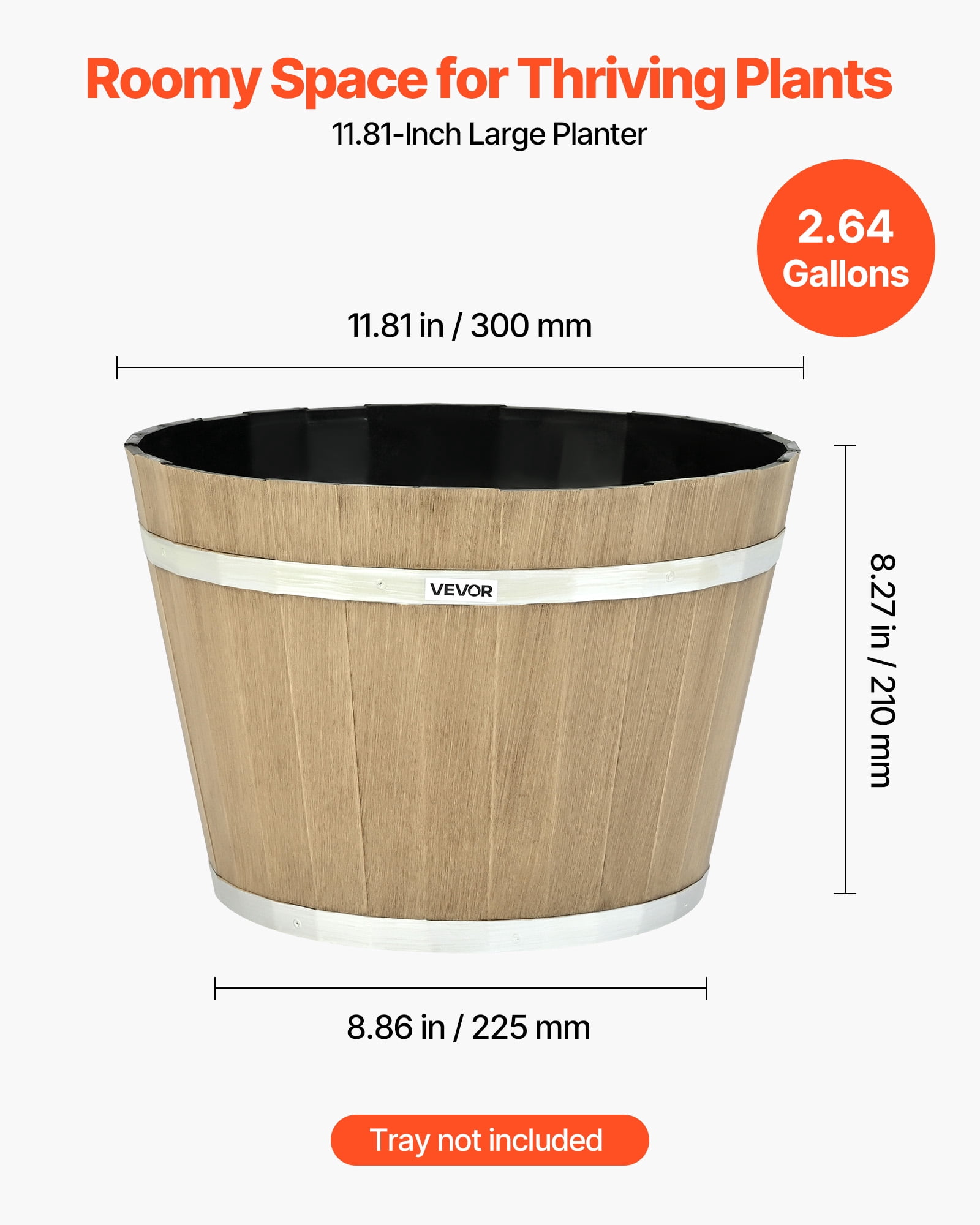 VEVOR Plant Pots, 4 Pack 11.81 inch Whiskey Barrel Planters with Drainage Holes,Large Outside Plastic Decoration Flower Pot Imitation Wine Barrel Design for Indoor Outdoor Garden Home Plants,Brown