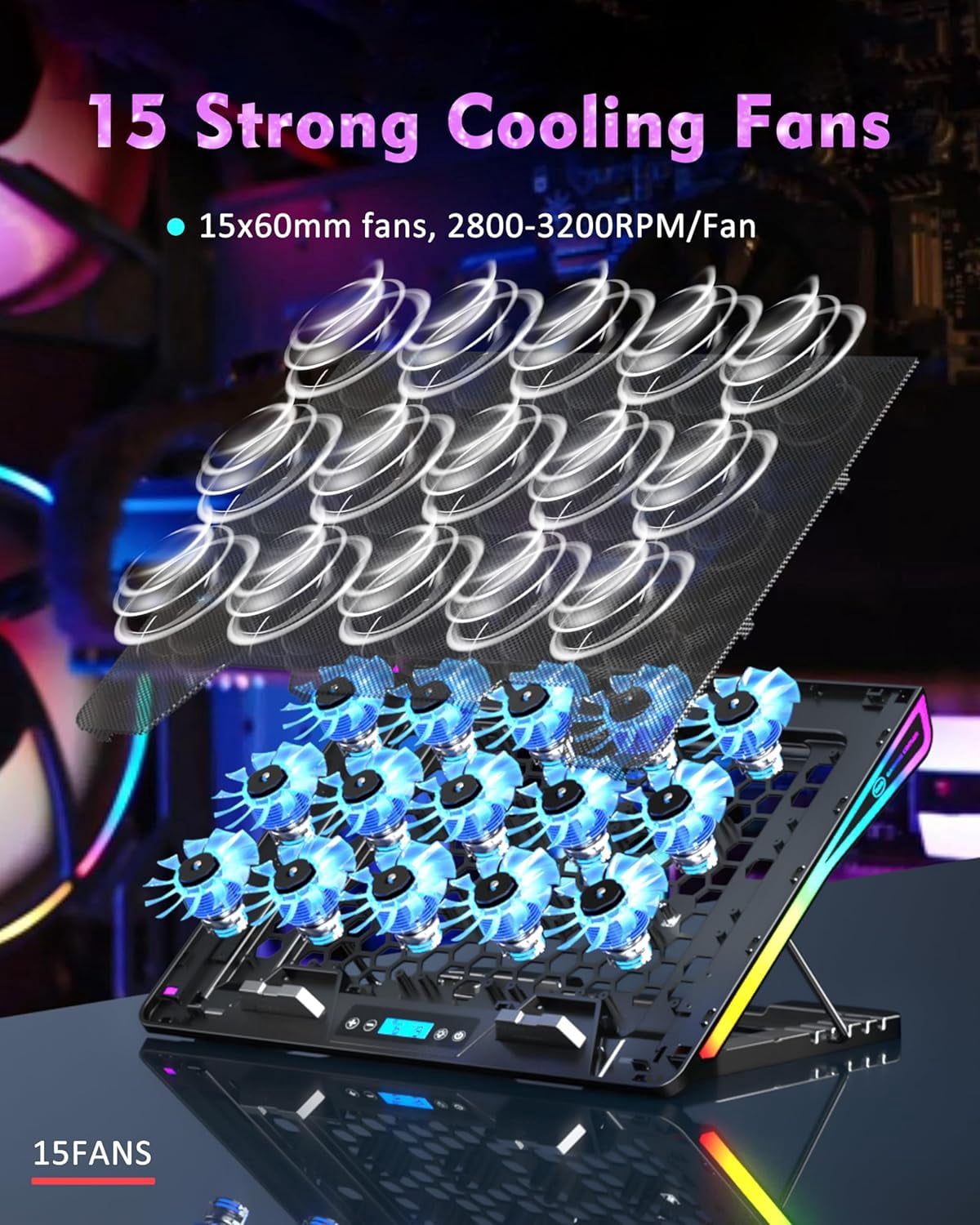 Laptop Cooling Pad, 15 Powerful Fans, Gaming Cooler with RGB Lights for 15-17.3 inch PC Computers