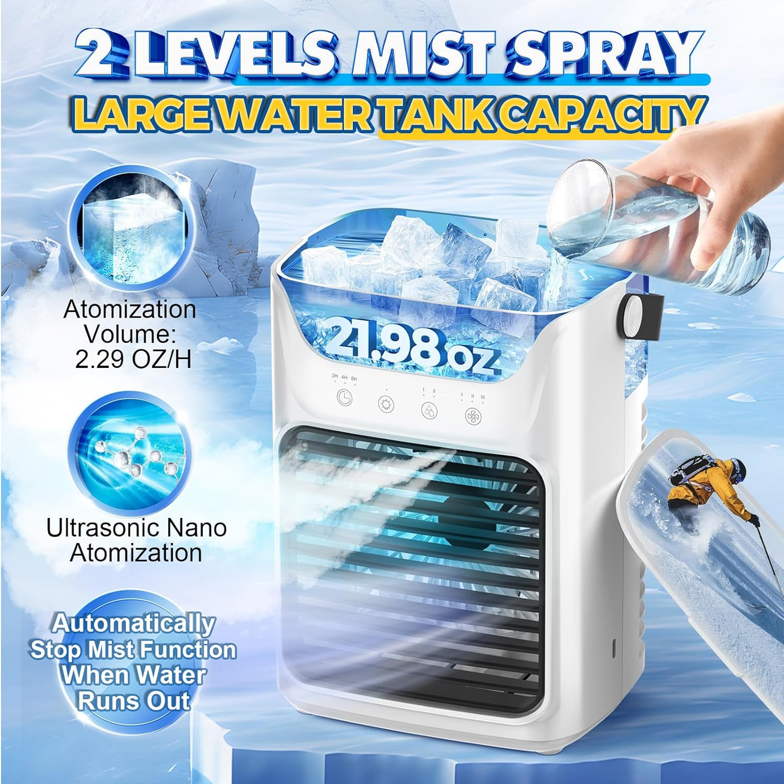 Mini Portable Air Conditioner, Evaporative Air Cooler,Personal Air Cooling Fan and Humidifier with 3 Speeds 7 Colors for Room & Office Desk Outdoors Travel, White