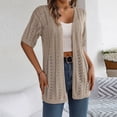 thumbnail image 7 of Women's Boho Crochet Knit Cardigan with Short Sleeves and Open Front Design Featuring Lightweight Textured Fabric Khaki L, 7 of 7