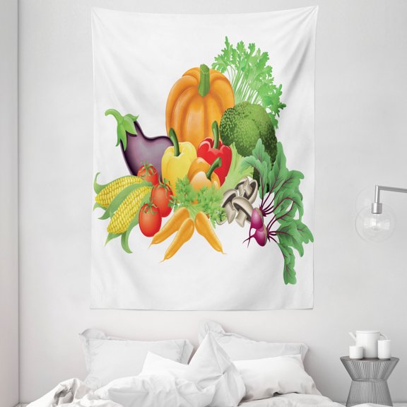 Harvest Tapestry, Cartoon Drawing Style Fall Harvest Yield Fresh and Tasty Vegetables Bell Peppers, Wall Hanging for Bedroom Living Room Dorm Decor, 60W X 80L Inches, Multicolor, by Ambesonne