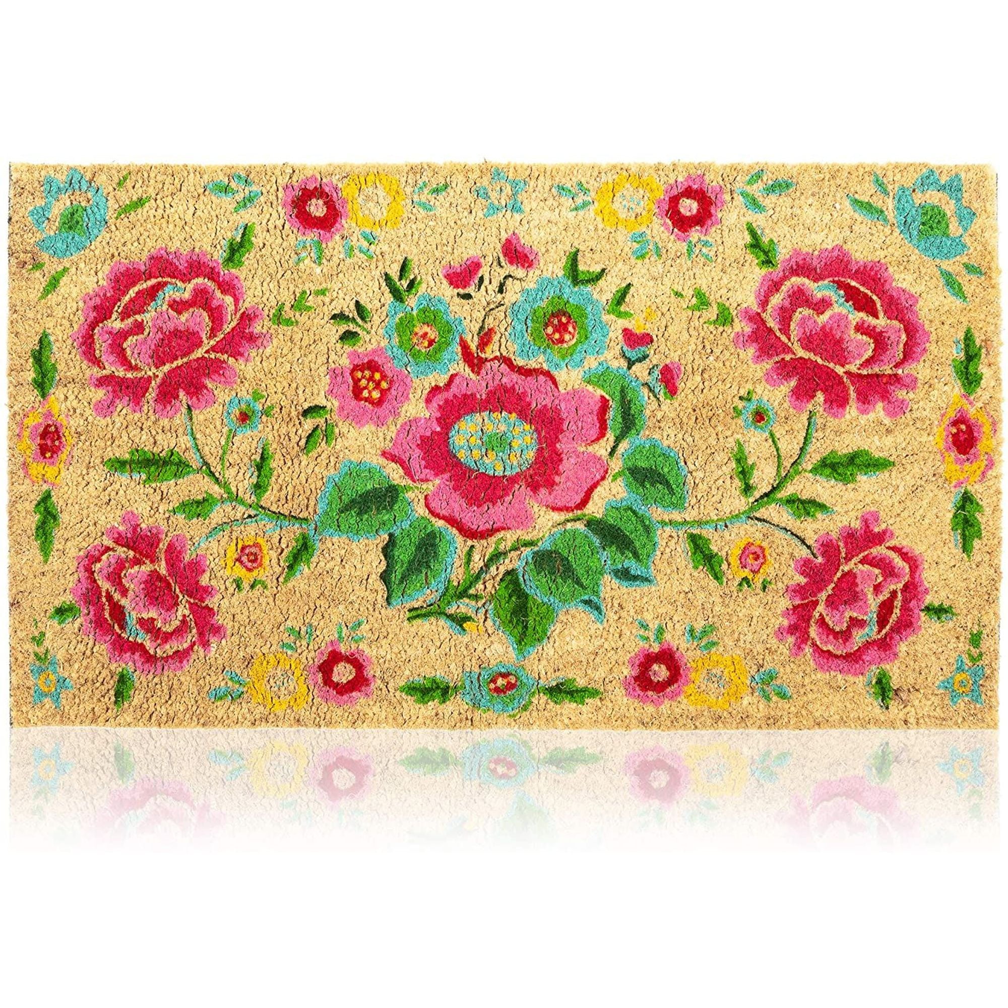Bright Floral Natural Coco Coir Mat Nonslip Welcome Doormat 17 x 30 in