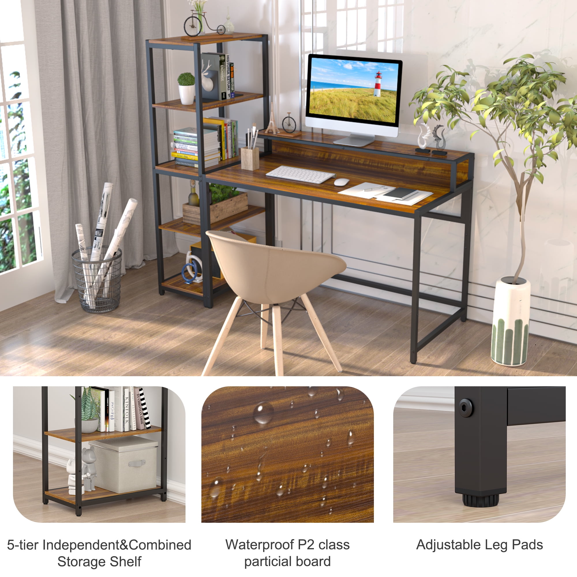 Teraves 47" Computer Desk with 5 Tier Storage Shelves, Reversible