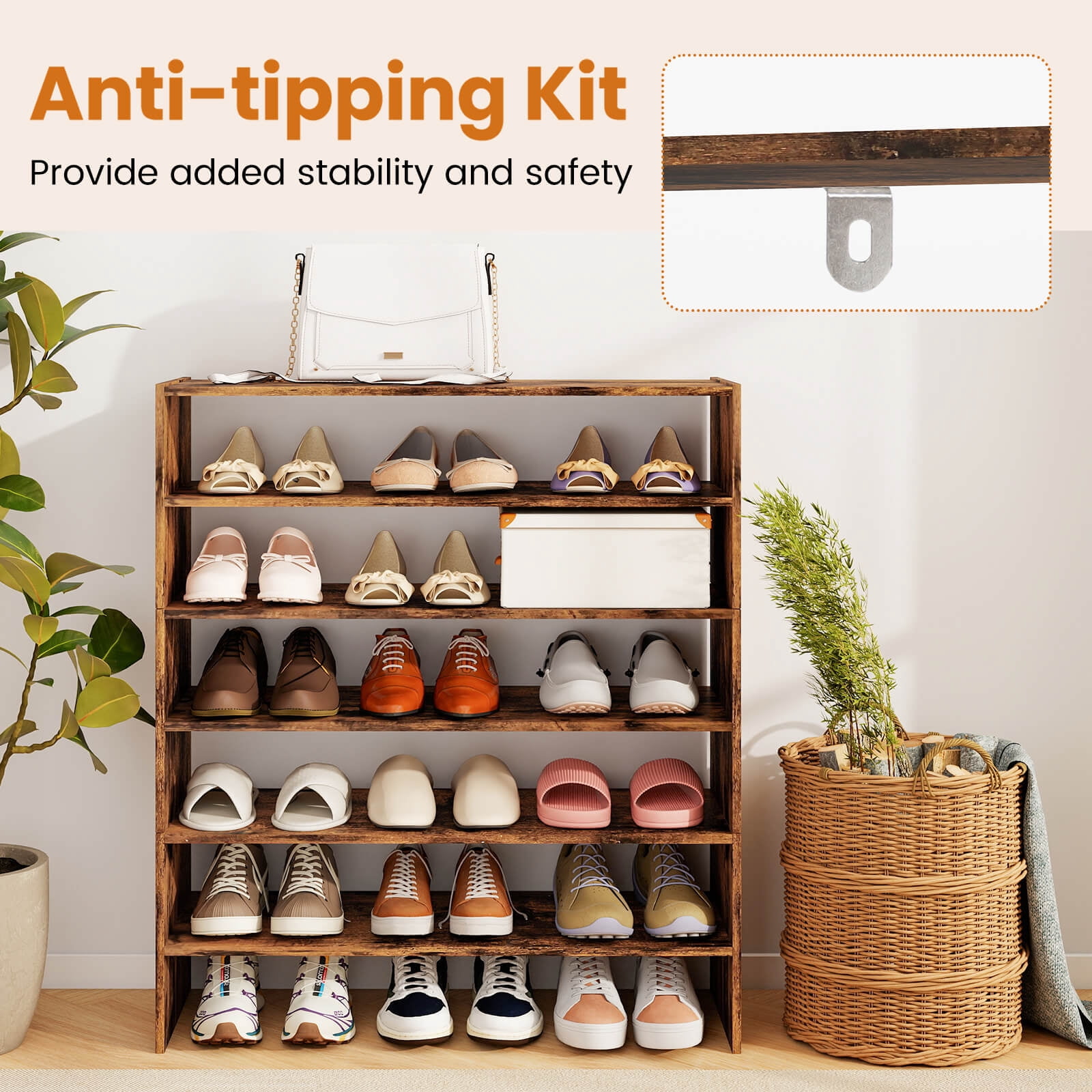 Costway 3 PCS Stackable Shoe Rack 31-Inch Horizontal Organizer 2-tier StorageShelf Brown