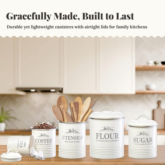 Kitchen Canisters for Countertop – 5-Piece Airtight Flour Sugar Coffee Tea Set with Utensil Holder, -White