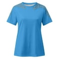 thumbnail image 6 of Women's Lace Pullover Blouse Top Short Sleeve Round Neck Solid Color Loose Fit Elegant Casual Summer Fashion Gift | CSEONE,Blue L, 6 of 9