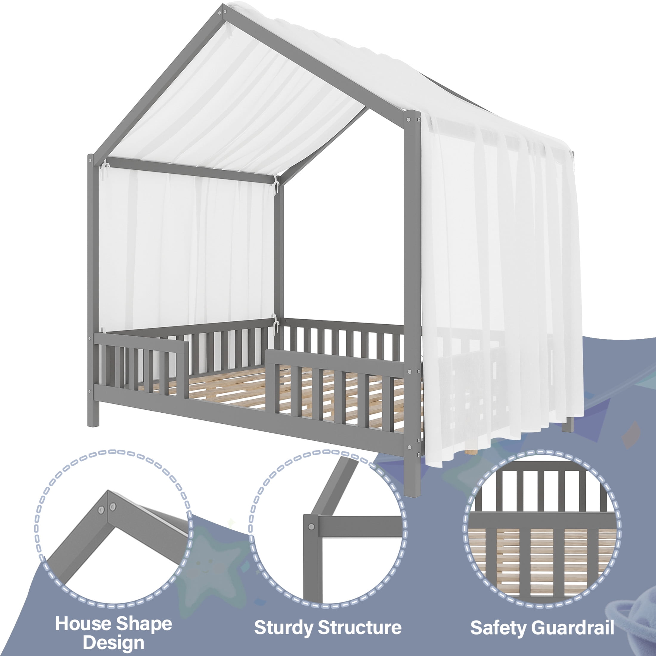 Noble House Full Floor Bed with Canopy and Guardrails, Wood House Bed Frame for Kids, Gray