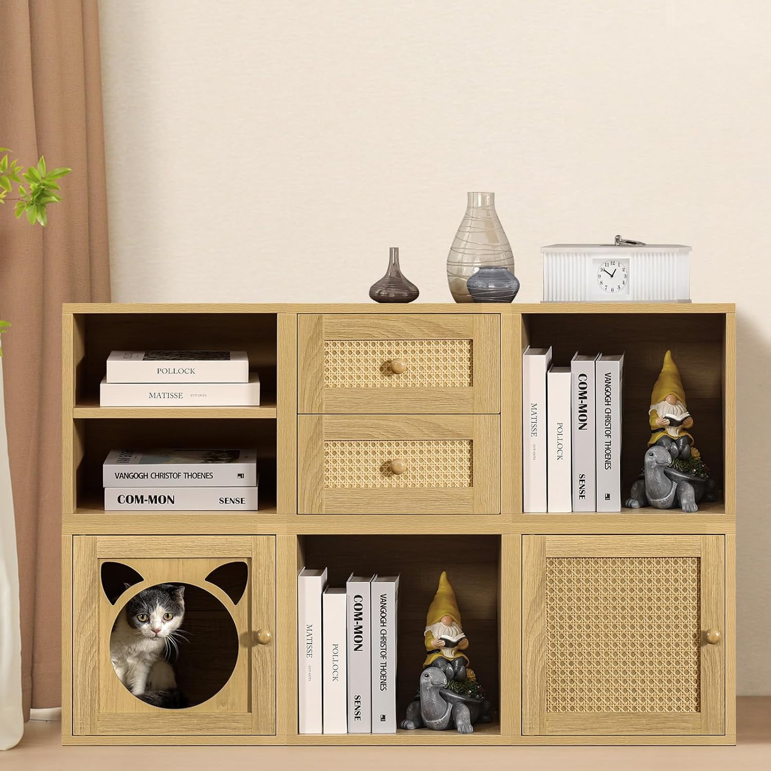 Magic DIY Cube Storage Organizer Stackable Cubes for Home Books Clothes Toys -Modular Cubby Storage System -Closet Organizer -Bookcase Closet (Yellow Oak,Rattan Drawer Cube)