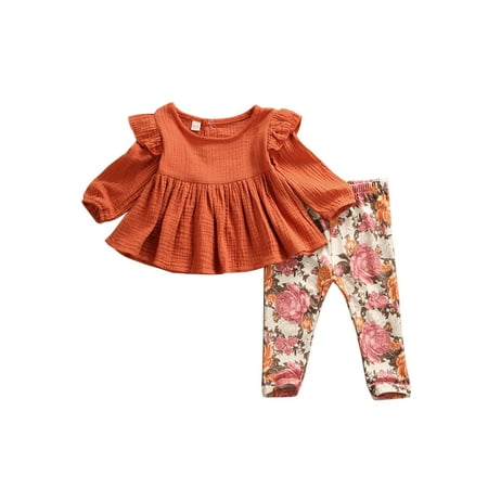 

wybzd Baby Girls Spring Autumn Solid Color Long Sleeve Ruffle Pullover Tops and Floral Print Long Pants 2PCS Set 6 Monhs -5 Years