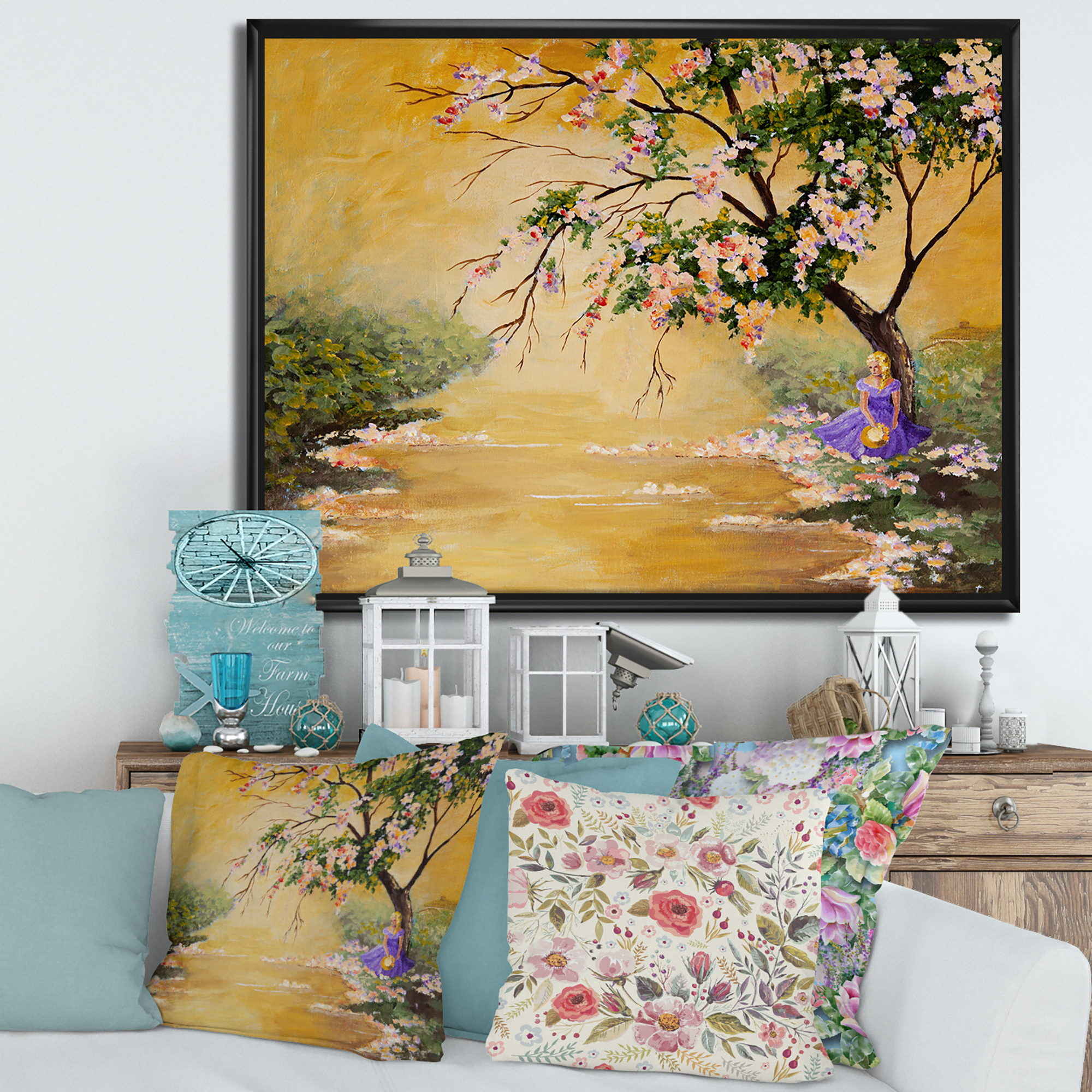 Designart 'Beautiful Girl Standing By The Flowering Tree' Traditional Framed Canvas Wall Art Print