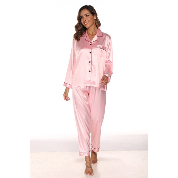 Silk Satin Pajama Sets for Women Long Sleeve Button Down Pajama Set 2 Piece Sleepwear for Women, Pink,S