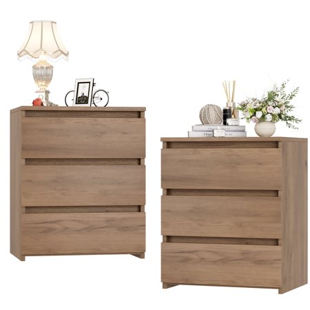 Homfa 3 Drawers Nightstand Set of 2 Small Sofa Table Wooden Storage Cabinet for Living Room Wood Grain