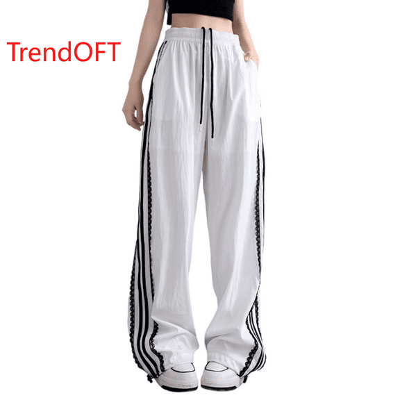 TrendOFT Womens Parachute Pants Wide Leg Baggy Sweatpants Y2K Elastic Waist Jogger Sweat Pants Side Striped Track Pants Streetwear White XL