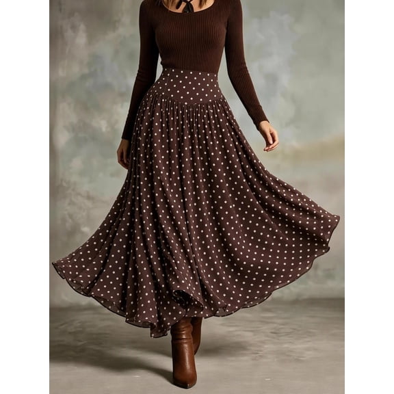 Women's Polka Dot Flared Midi Skirt, High Elastic Waist Gathered Long Skirt for Work, Office, Date Night, Everyday & Casual Wear