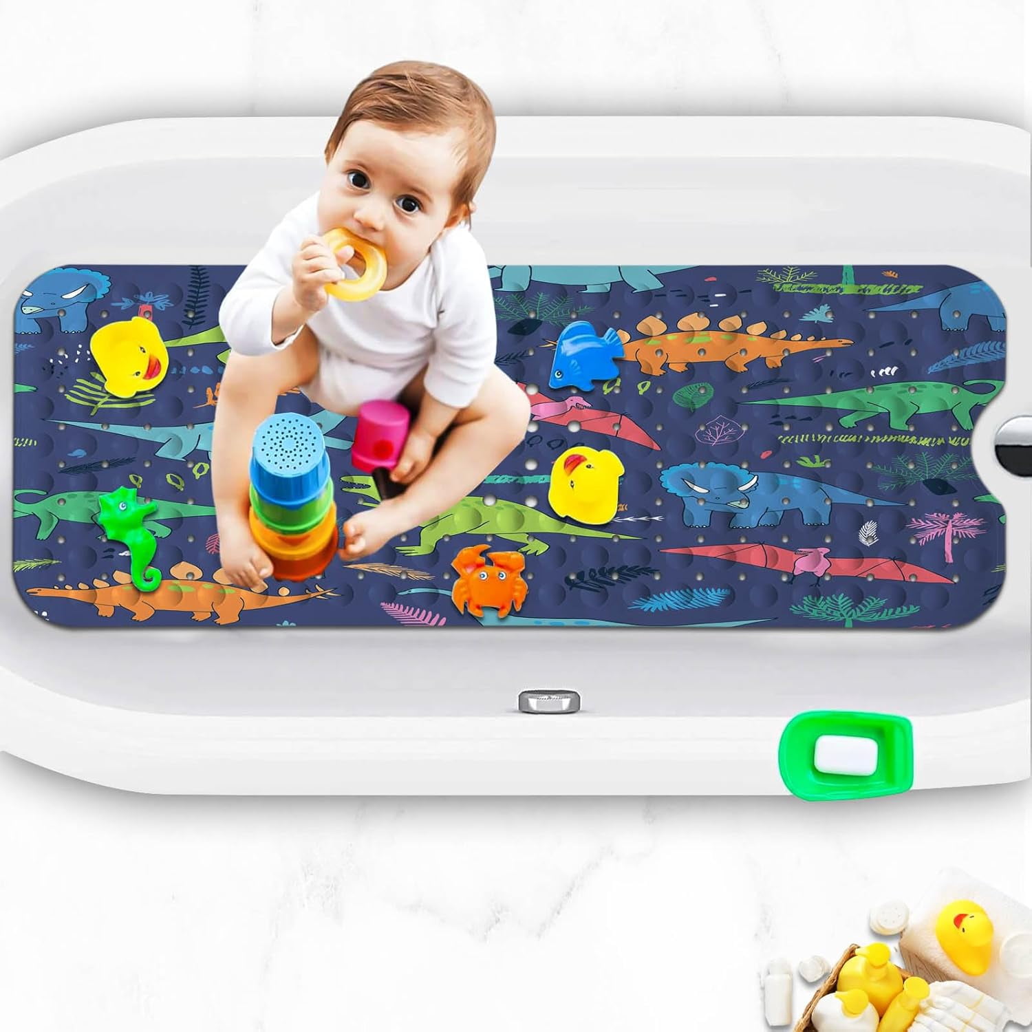 Bathtub Mats for Kids, Cartoon Blue Dinosaur Bath Mat for Tub Non Slip, 40 X 16 Inch Large Washable Bathtub Mat Non Slip for Showers with Drain Holes and Suction Cups