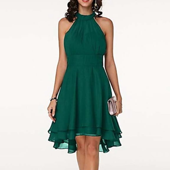 CALAFEBILA Chiffon Dress for Women Quick Drying Sleeveless Solid Round Neck Irregular Hem Pulling inWaistline Ladies Boho Dresses Maxi Dress