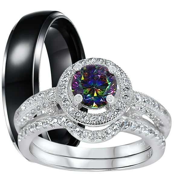 LaRaso & Co His Hers Wedding Ring Set His Hers Silver Black Titanium Engagement Rings TRIO Set Him Her 5/9