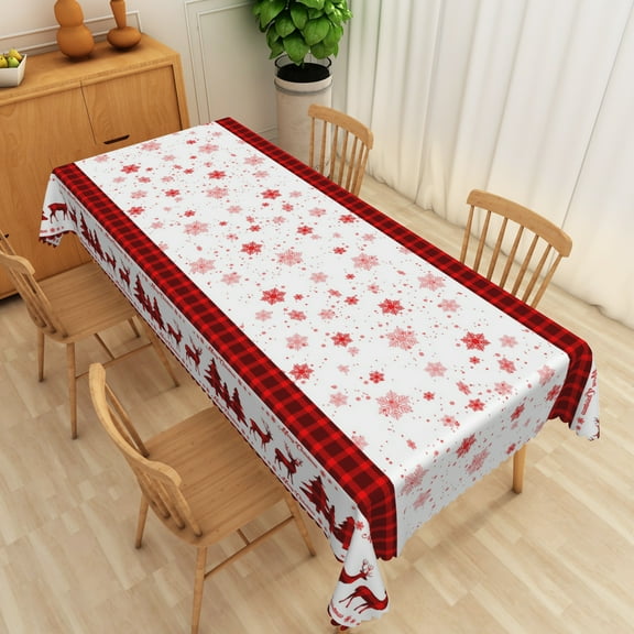 Nanqianyi Red Christmas Winter Holiday Tablecloth 60x102 Inch, Elk Xmas Trees Snowflakes Print Pattern Washable Tablecloths for Christmas Family Gathering