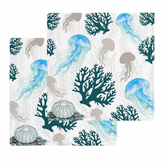 Jellyfish Coral Coastal Kitchen Dish Towels for Drying Dishes Set of 2, Nautical Summer Beach Ocean Sea Waffle Weave Microfiber Hand Tea Bathroom Towels Quick Dry & Absorbent Towel 12x12