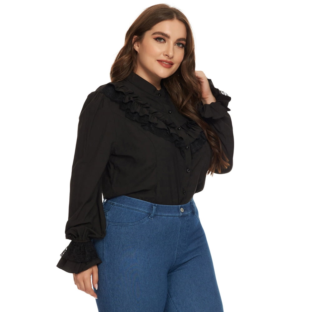 Hanna Nikole Women's Plus Size Ruffled Blouse Vintage Long Sleeve