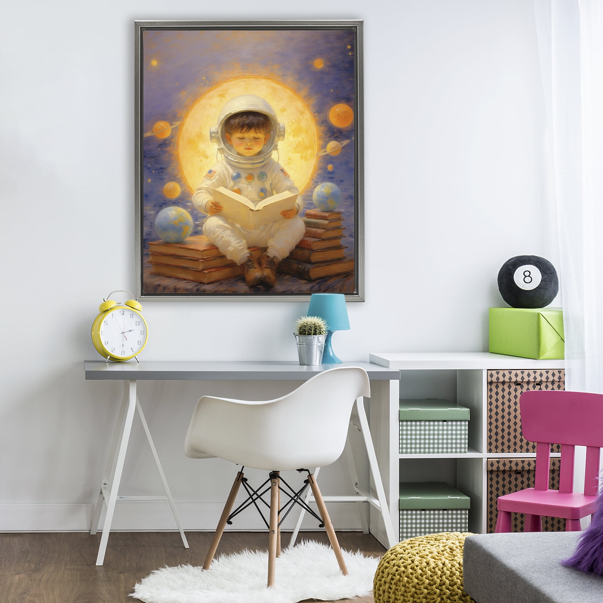 Astronaut Child Learning Gray Framed Floater Canvas Wall Art, design by Angie Hawke
