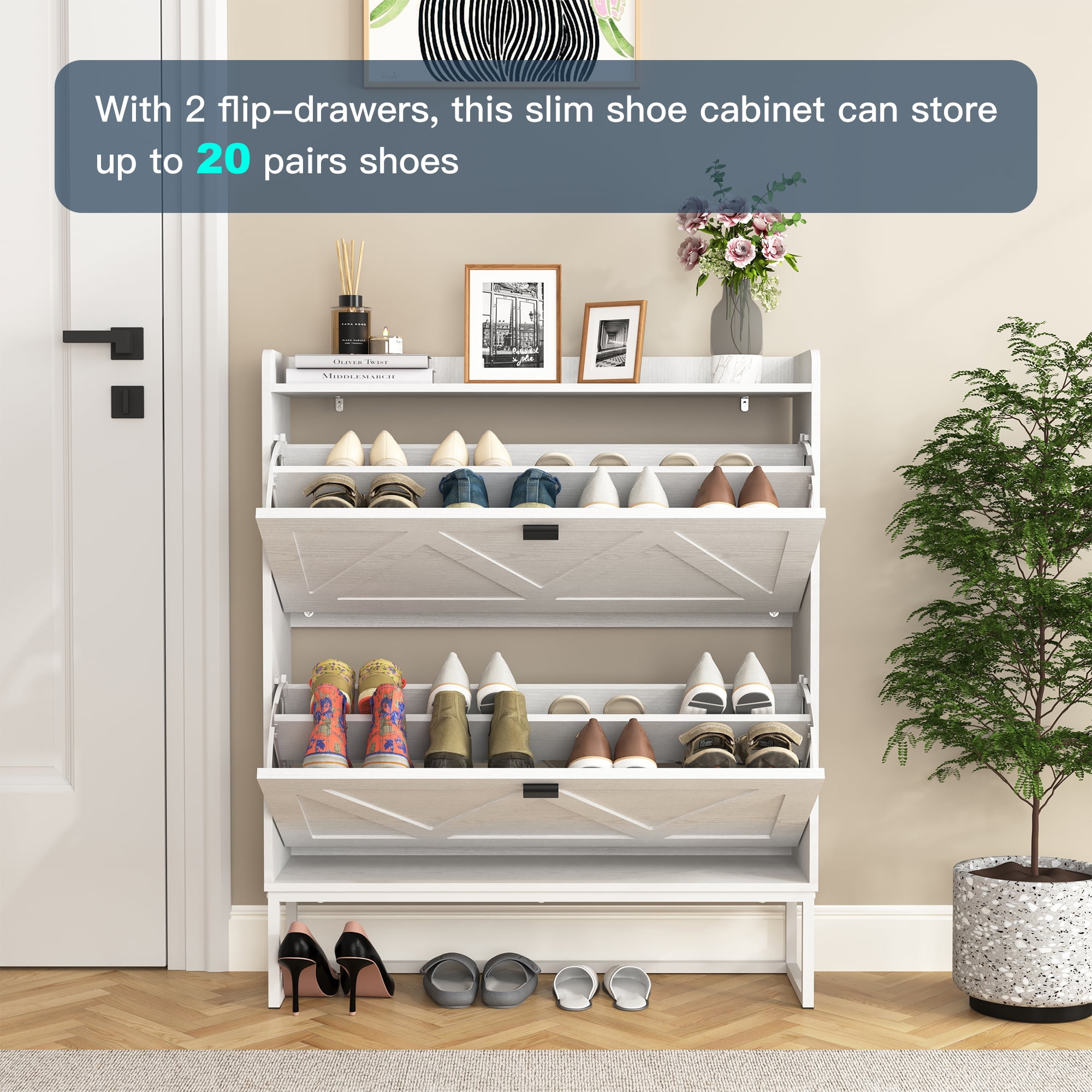 Demi Bonn Shoe Storage Cabinet with 2 Flip Drawers, Freestanding Organizer with Metal Legs for Entryway, Narrow Shoe Rack Cabinet, White