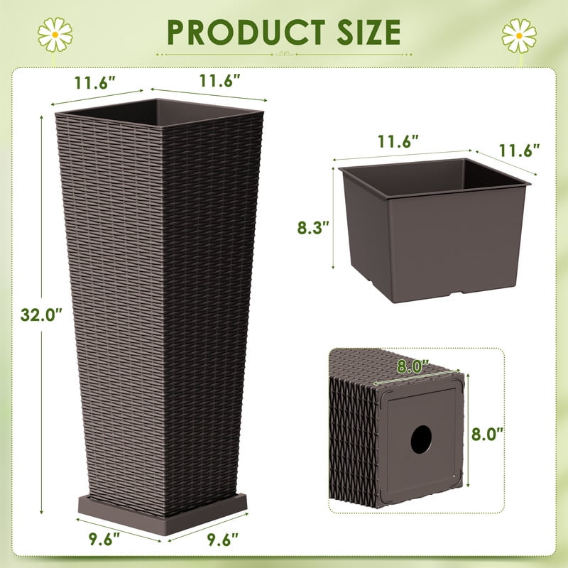 Homall 2-Pack 32" Tall Outdoor Plastic Planters with Inside Pots, Drainages and Trays, Rattan - Patterned for Patio Decor