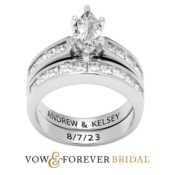 Vow & Forever Personalized Planet Bridal Platinum over Sterling Silver Marquise White Topaz 2 Piece Engraved Wedding Set ,Women's