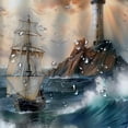 thumbnail image 5 of Orinice Nautical Lighthouse Shower Curtain Vintage Sunset Ocean Pirate Ship Sea Wave Sailboat Coastal Seagull Stone Bathroom Decor Fabric Curtains with Hook  69x72, 5 of 7