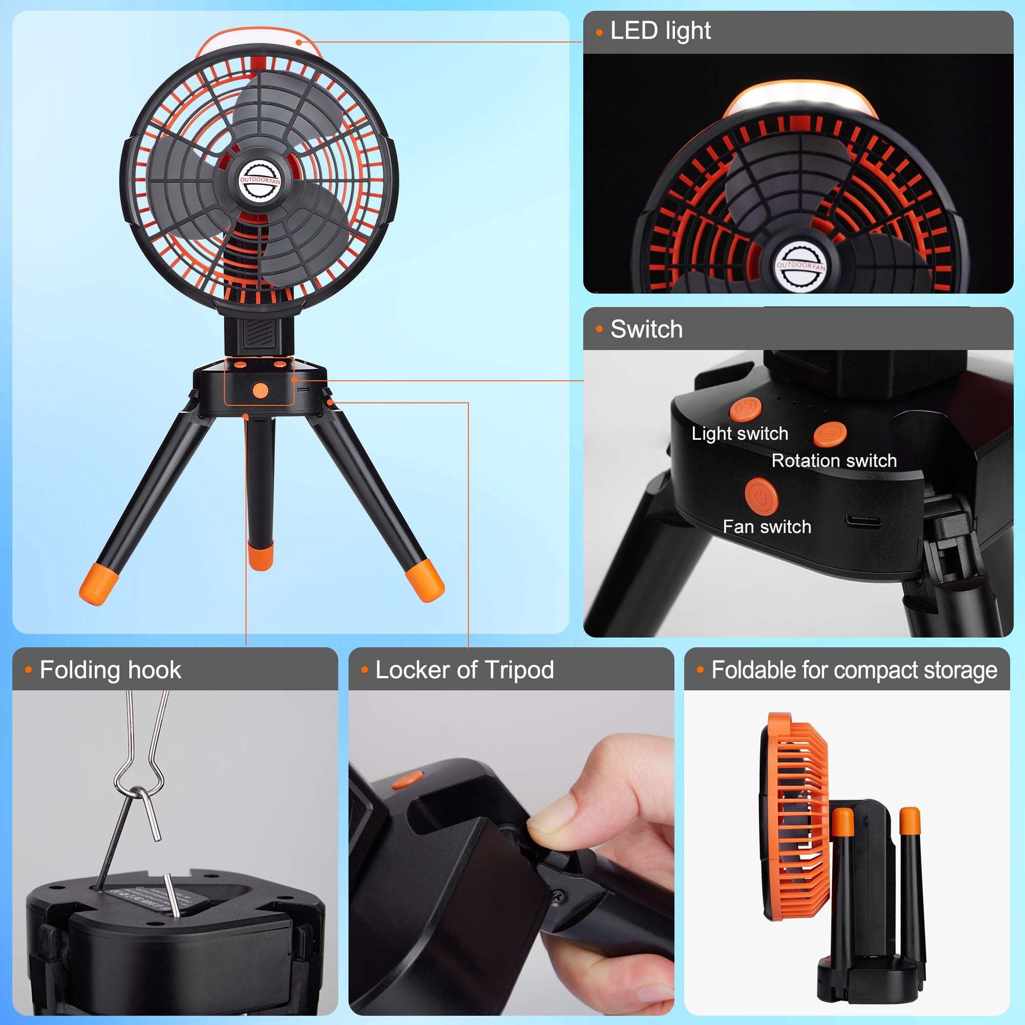 Portable Camping Fan, Rechargeable Outdoor Fans, 7800mAh Battery Desk Fan with LED Light, 270 Rotation, for Office,Bedroom,Outside