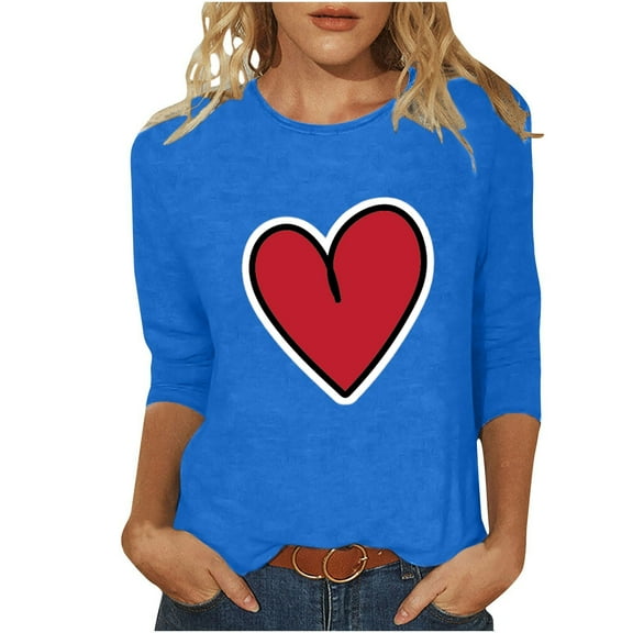 Red Heart 3/4 Sleeve Shirts for Womens Valentines Day Cute Basic Tee Casual Crewneck T-Shirts Tops