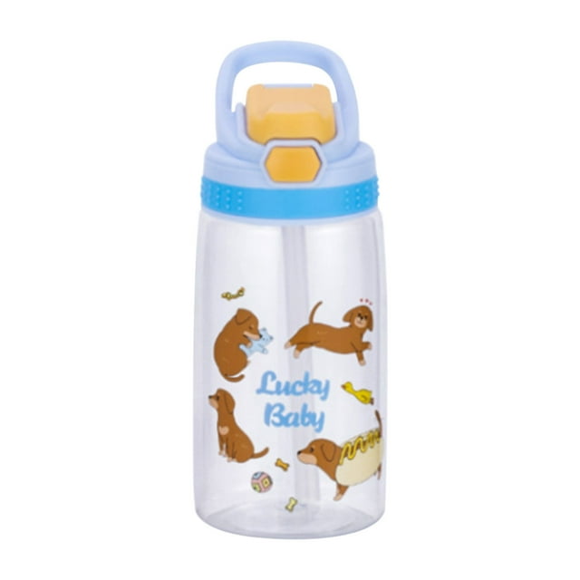 yulier Kids Water Bottle, Cute Animal Printing Sports Water Bottle with Straw and Built in Carrying Loop for Boys Girls School, Leak-Proof Clear Plastic Design for Travel (Blue)