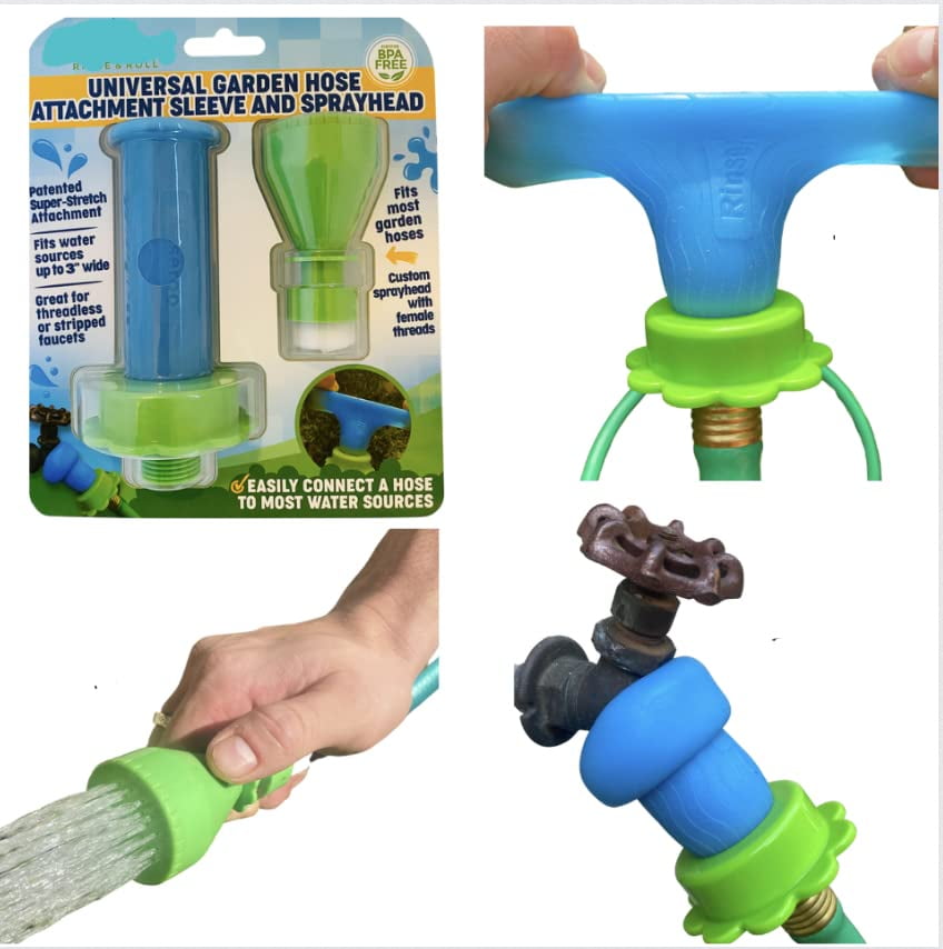 Rinseroo Universal Garden Hose Attachment Sleeve and Sprayhead. Easily Connect a Hose to Most