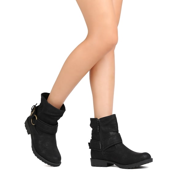 New Women DbDk Lucy-13 Leatherette Harness Buckled Riding Ankle Boot