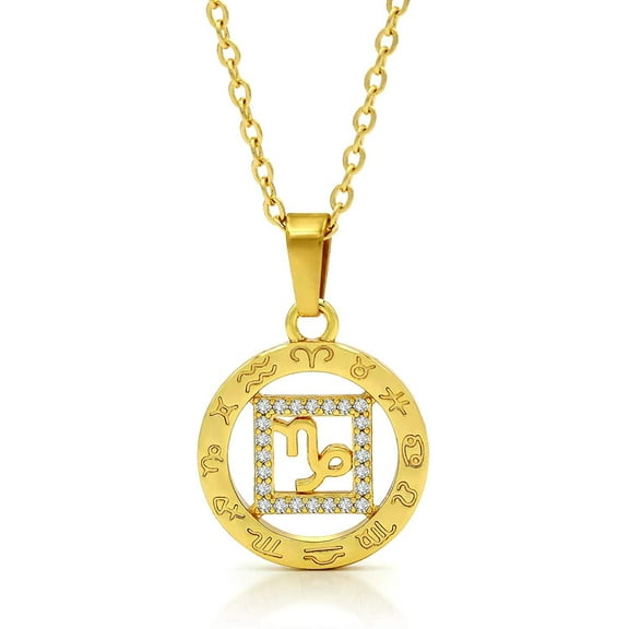 Giorgio Bergamo Stainless Steel Yellow Gold Plated Zodiac, Astrology, Horoscope, Constellation Cubic Zirconia Amulet Disc Pendant Mens Womens Necklace, Free Micro Fiber Cloth, Capricorn, Gold