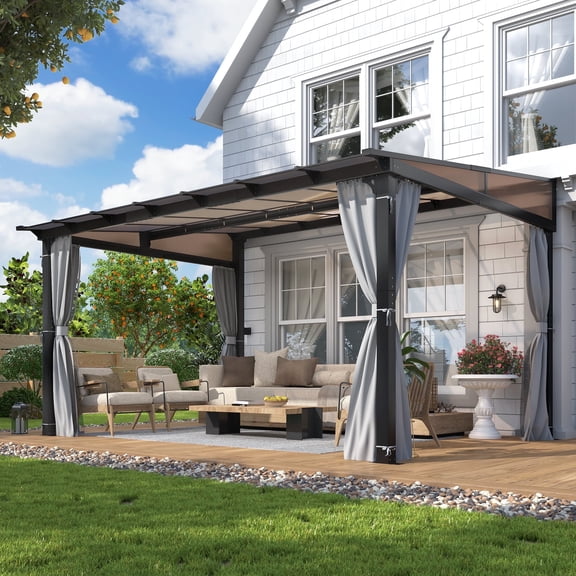 GARTOO 10' x 13' Outdoor Wall-Mounted Hardtop Gazebo, Aluminum Frame Lean-to Pergola with Sloping Polycarbonate Roof & Double Curtains for Backyard, Garden, Poolside, Deck